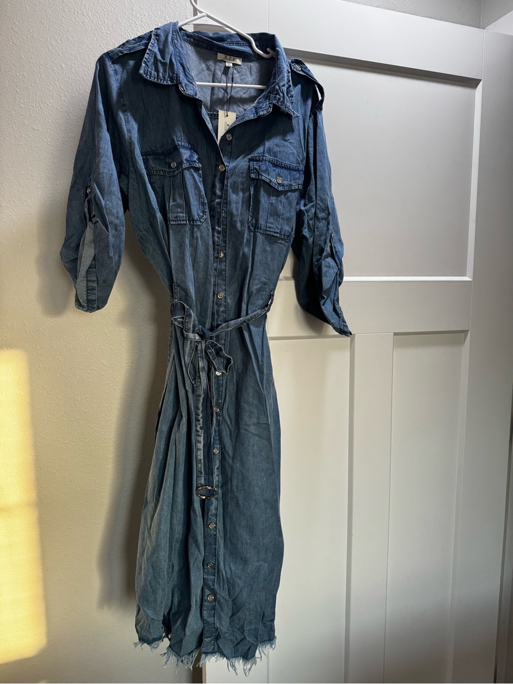 Denim Button-Down Shirt Dress with Tie Waist